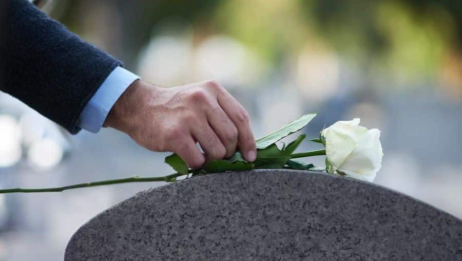placing a white flower on a gravestone
